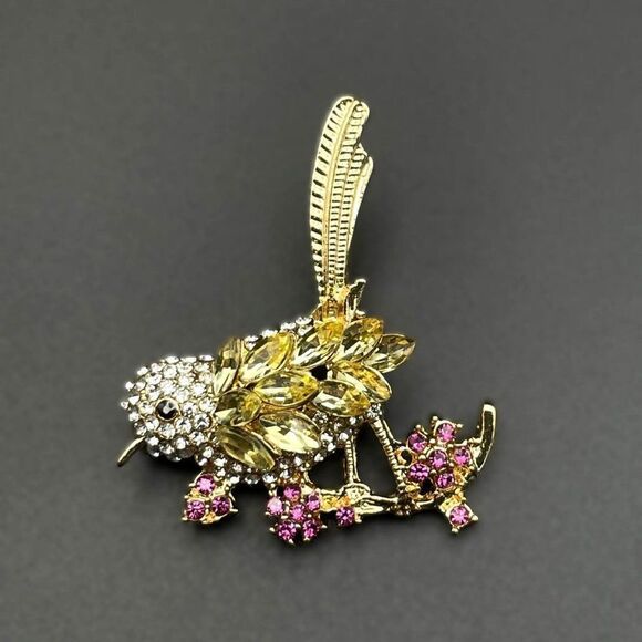 Yellow Gold with Citrine and Diamond Crystal Bird with Flower Pin Back Brooch - Picture 2 of 9